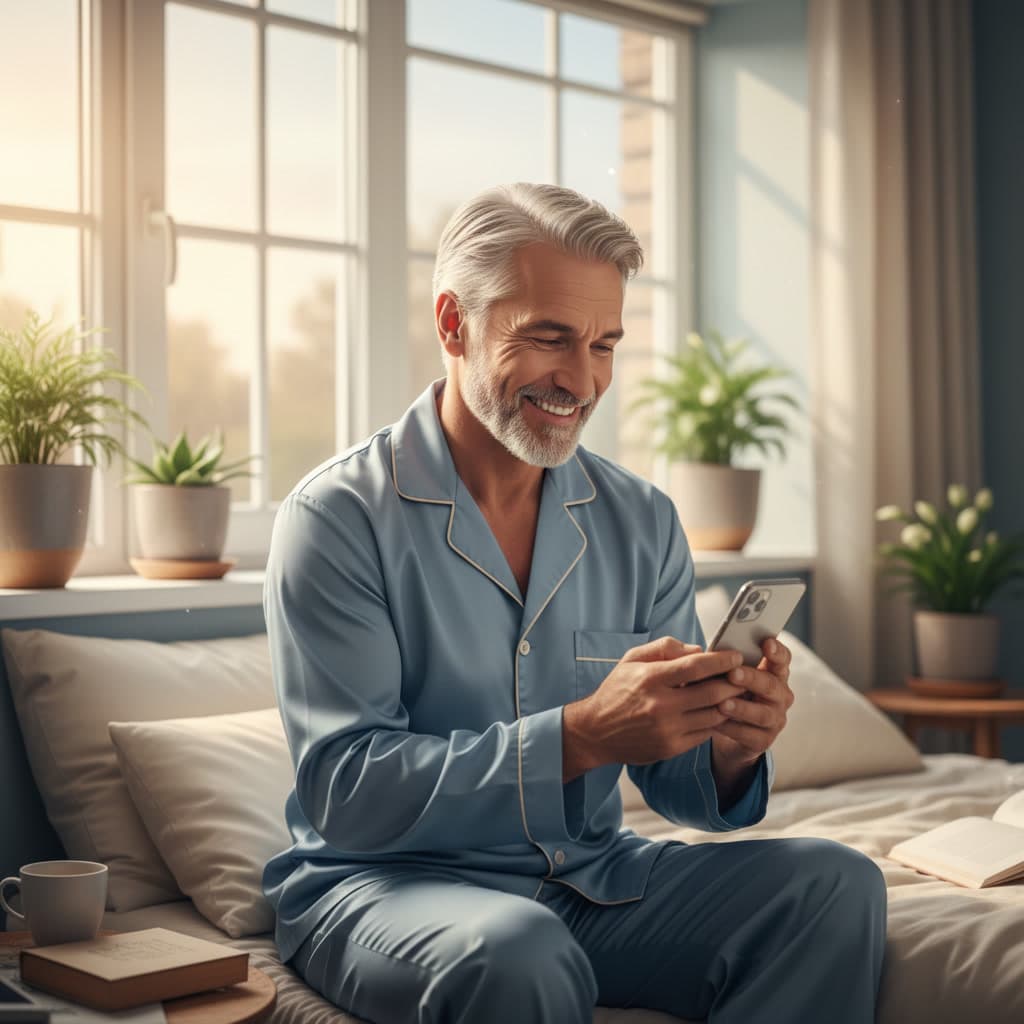 Man smiling at morning message on phone